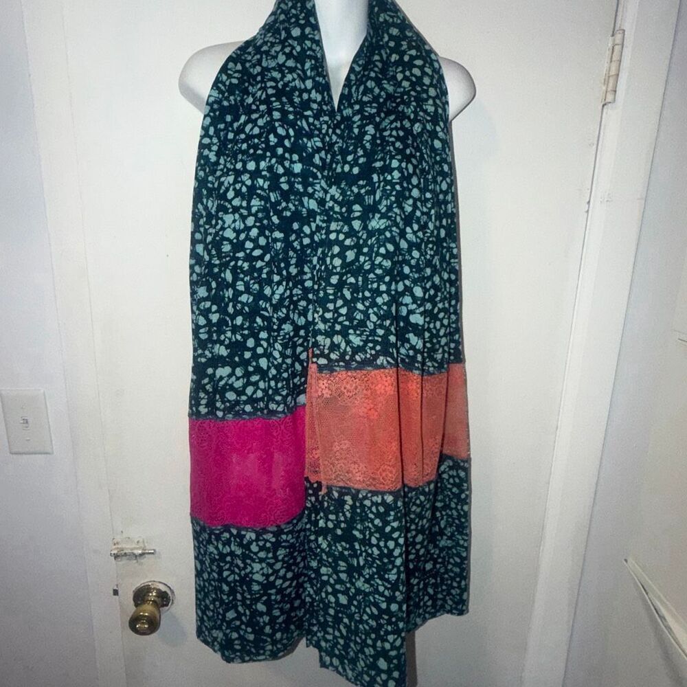 Turquoise, Pink and Orange Cotton and Lace Scarf